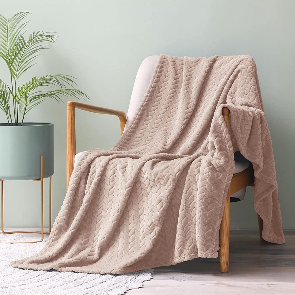 Tan/Beige Neutral Knit Jacquard Weave Pattern Decorative Warm Flannel Blanket - Picture 2 of 16